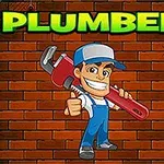 Tecknad karaktär i blå overall och keps håller en rörtång framför en tegelvägg med texten PLUMBER ovanför