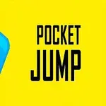 Blå tecknad kub med ansikte till vänster och texten POCKET JUMP på gul bakgrund