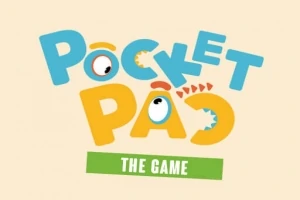 Texten Pocket Pad The Game i färgglada bokstäver med dekorativa ögon och former