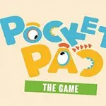 Texten Pocket Pad The Game i färgglada bokstäver med dekorativa ögon och former