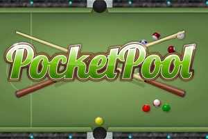 Biljardbord med köer och bollar samt texten Pocket Pool i mitten