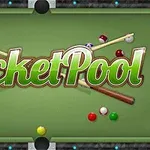 Biljardbord med köer och bollar samt texten Pocket Pool i mitten