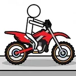 Tecknad figur på en röd motorcykel står på en grå plattform
