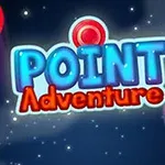 Texten Point Adventure i blå och röd mot en stjärnfylld bakgrund med cirkulära detaljer