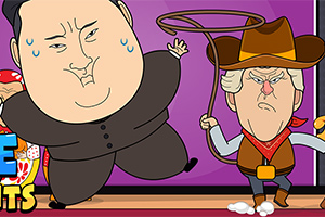 Två karikatyrer av män, en med runda kinder som springer och en klädd som cowboy med en lasso