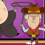 Två karikatyrer av män, en med runda kinder som springer och en klädd som cowboy med en lasso