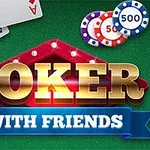 Kort med pokerchips och texten Poker With Friends på grön bakgrund