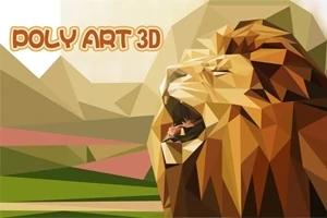 En polygonal konstbild av ett rytande lejon med texten Poly Art 3D i övre vänstra hörnet, omgiven av geometriska landskapselement