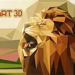 En polygonal konstbild av ett rytande lejon med texten Poly Art 3D i övre vänstra hörnet, omgiven av geometriska landskapselement