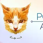 Polygonal konst av ett kattansikte i bruna och vita nyanser med texten Poly Art bredvid