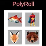 Ett collage med lågpolygona bilder av en superhjälte, en röd fisk, ett rävansikte och ett björnhuvud under texten PolyRoll