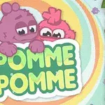 Två tecknade, färgglada figurer tittar över en skylt med texten POMME POMME i en lekfull stil, omgivna av växtdekorationer