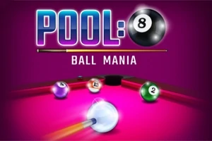 En färgstark biljardgrafik med texten Pool: Ball Mania på en rosa bakgrund