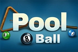 Texten Pool Ball med biljardkö, biljardtriangel och två biljardkulor på en blå bakgrund