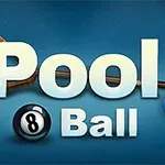 Texten Pool Ball med biljardkö, biljardtriangel och två biljardkulor på en blå bakgrund