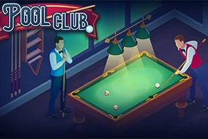 Två tecknade personer spelar biljard vid ett biljardbord, med en skylt ovanför som säger Pool Club