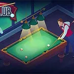 Två tecknade personer spelar biljard vid ett biljardbord, med en skylt ovanför som säger Pool Club