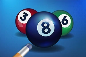 Tre biljardbollar med siffrorna 3, 8 och 6 på en blå bakgrund, med en biljardkö pekande mot bollarna