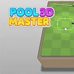 En grönrutigt biljardbord med två bollar och en kö, med texten Pool 3D Master i färgglada bokstäver bredvid