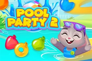 En glad kanin med solglasögon plaskar i en färgglad pool omgiven av badleksaker
