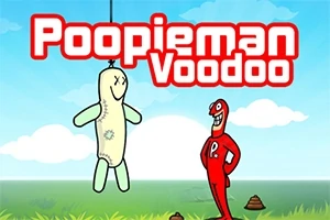 Tecknad figur i röd dräkt ler mot en upphängd voodoo-docka på en grön äng med bajshögar, under en blå himmel