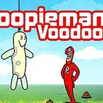 Tecknad figur i röd dräkt ler mot en upphängd voodoo-docka på en grön äng med bajshögar, under en blå himmel