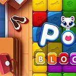 Färgglada block med bokstäverna POP BLOCKS och en tecknad kattfigur ovanpå