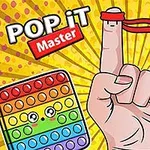 Hand med pekfinger och röd pannband, omgiven av färgglada pop it-leksaker med ansikten och solstrålesbakgrund