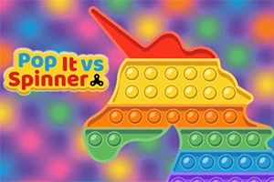 En regnbågsfärgad enhörning i pop it-form på en färgglad, prickig bakgrund med texten Pop It vs Spinner