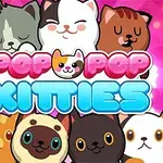 Tecknade katter i olika färger mot en rosa bakgrund med texten Pop Pop Kitties
