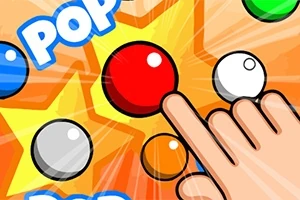 En tecknad hand pekar på en röd boll omgiven av andra färgglada bollar och texten Pop på en orange bakgrund med stjärnor