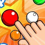 En tecknad hand pekar på en röd boll omgiven av andra färgglada bollar och texten Pop på en orange bakgrund med stjärnor