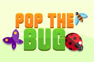 Texten POP THE BUG i färgglada bokstäver med en fjäril, en nyckelpiga och en bi- eller fluglika insekt runt omkring