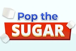 Texten Pop the Sugar i blått och vitt ovanpå en röd rektangel, med flygande sockerbitar runt