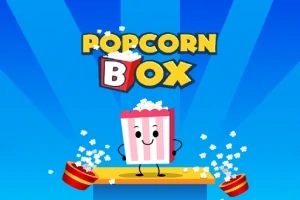En tecknad popcornlåda med ansikte står på en gungbräda omgiven av flygande popcorn, med texten Popcorn Box ovanför mot en blå bakgrund