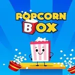 En tecknad popcornlåda med ansikte står på en gungbräda omgiven av flygande popcorn, med texten Popcorn Box ovanför mot en blå bakgrund