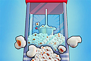 En tecknad bild av en popcornmaskin med poppande popcorn som strömmar ut