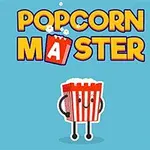 Tecknad bild av en glad popcornhink med armar och ben, med texten POP och MASTER i bakgrunden på en blå bakgrund