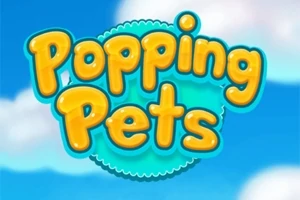 Texten Popping Pets i gula bokstäver mot en blå himmel med mjuka moln