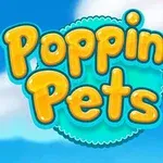 Texten Popping Pets i gula bokstäver mot en blå himmel med mjuka moln