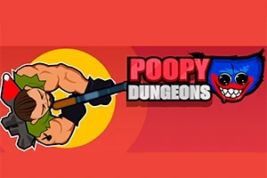Tecknad muskulös karaktär med vapen bredvid texten Poopy Dungeons på en röd bakgrund