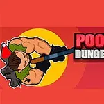 Tecknad muskulös karaktär med vapen bredvid texten Poopy Dungeons på en röd bakgrund