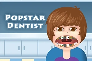 En tecknad karaktär med öppet gap och dåliga tänder framför en bakgrund med texten Popstar Dentist