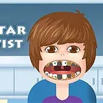 En tecknad karaktär med öppet gap och dåliga tänder framför en bakgrund med texten Popstar Dentist