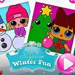Två tecknade dockfigurer, en med en snögubbe och en med en julgran, omgivna av vintertema och färgglada dekorationer