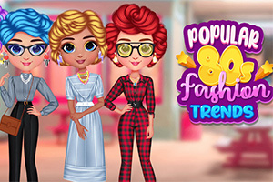 Tre tecknade figurer klädda i 80-talsmode med texten Popular 80s Fashion Trends synlig i bakgrunden
