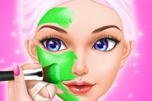 En animerad kvinna med blå ögon får en grön ansiktsmask applicerad med en pensel mot en rosa bakgrund