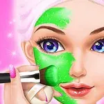 En animerad kvinna med blå ögon får en grön ansiktsmask applicerad med en pensel mot en rosa bakgrund