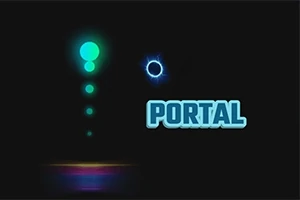 En grön lysande cirkel med blå halo ovanför ordet PORTAL i blå text på en svart bakgrund