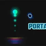 En grön lysande cirkel med blå halo ovanför ordet PORTAL i blå text på en svart bakgrund